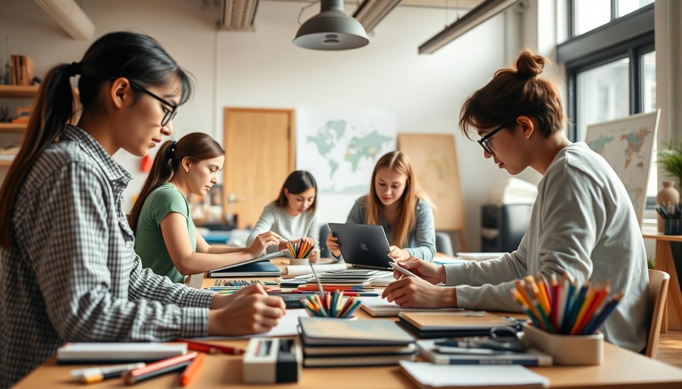 Students studying together in modern classroom